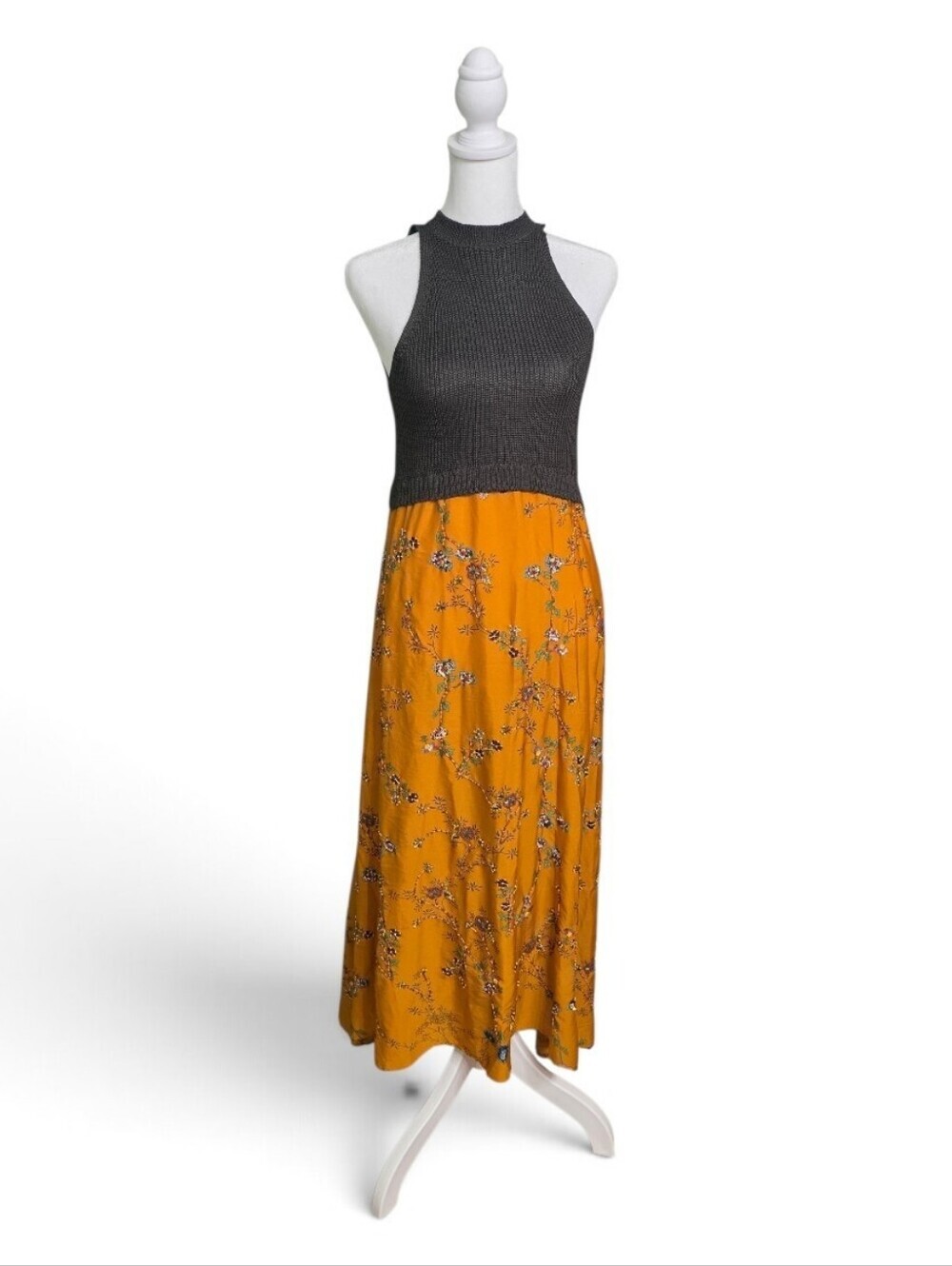 ZARA Knit & Floral Midi Maxi Dress Charcoal & Mustard Yellow Size Small